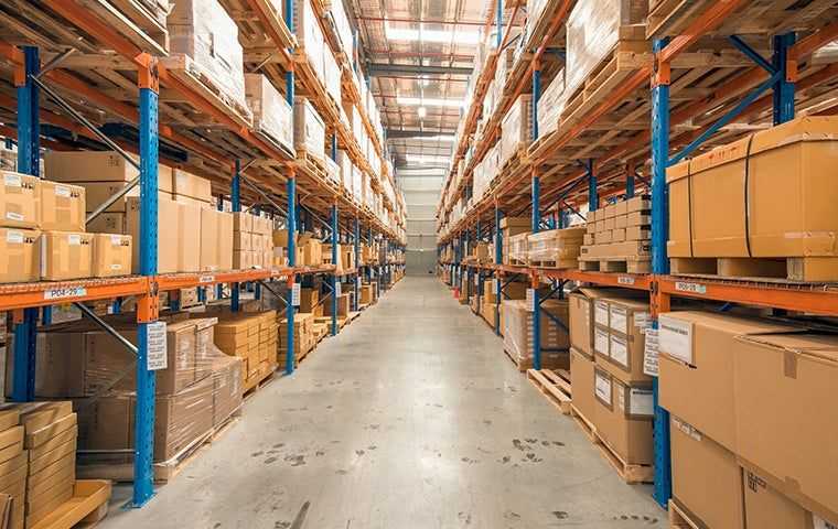 boxes on shelves in a warehouse